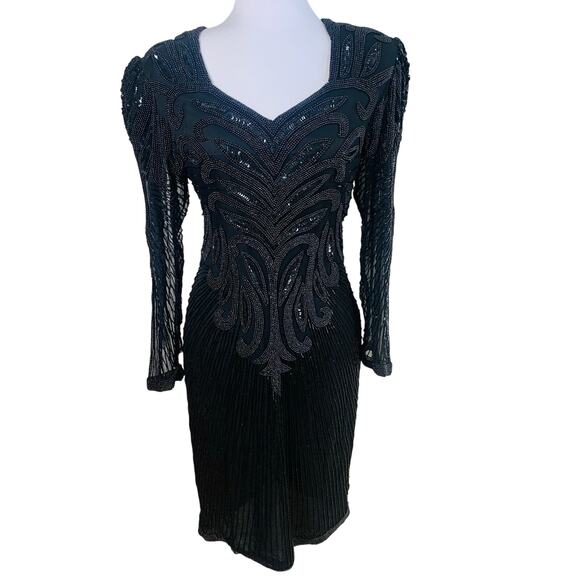 Vintage Sz M Black Sequin Beaded Silk Sheath Cocktail Formal Dress Romantic - Picture 1 of 16